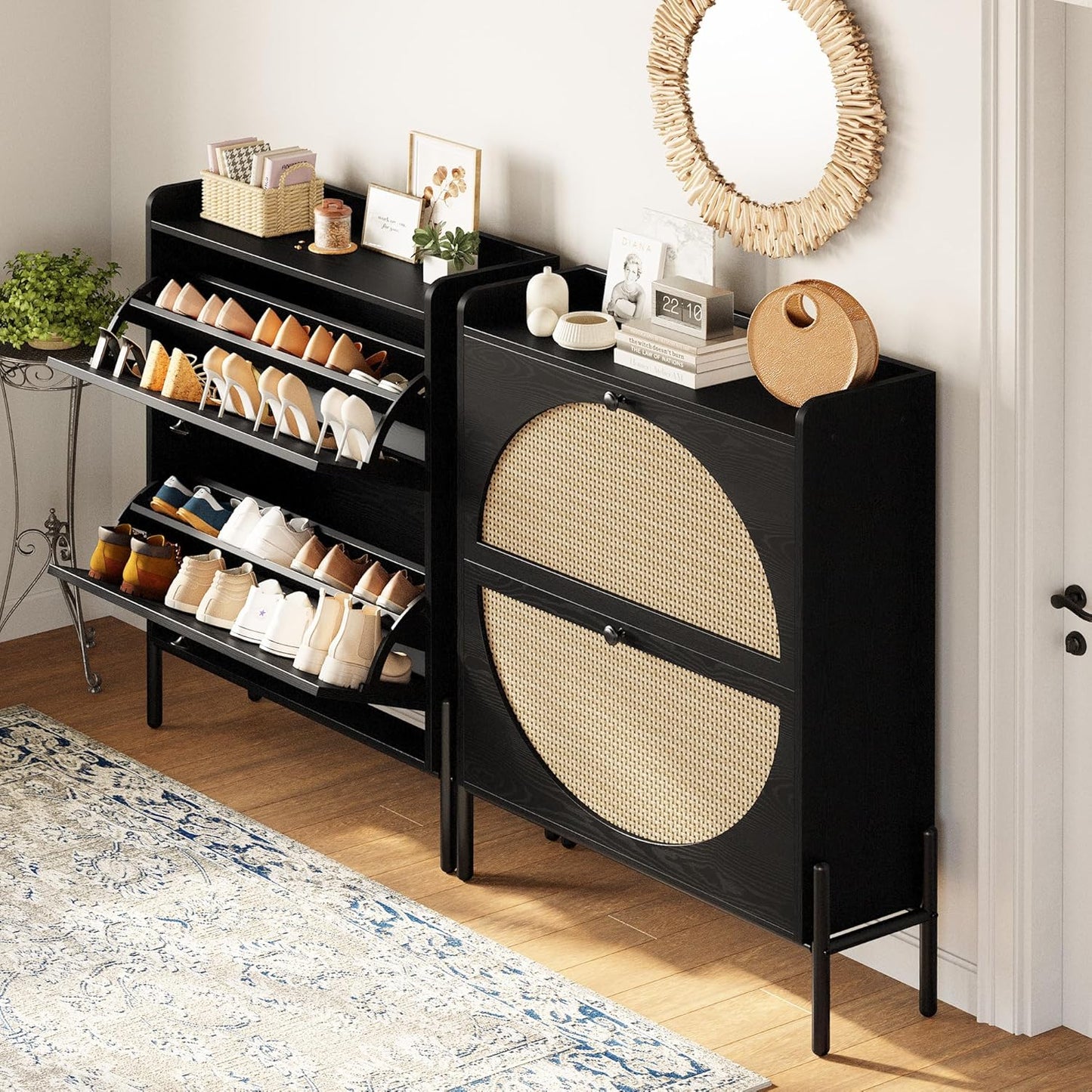 Slim Rattan Dual-Drawer Shoe Cabinet