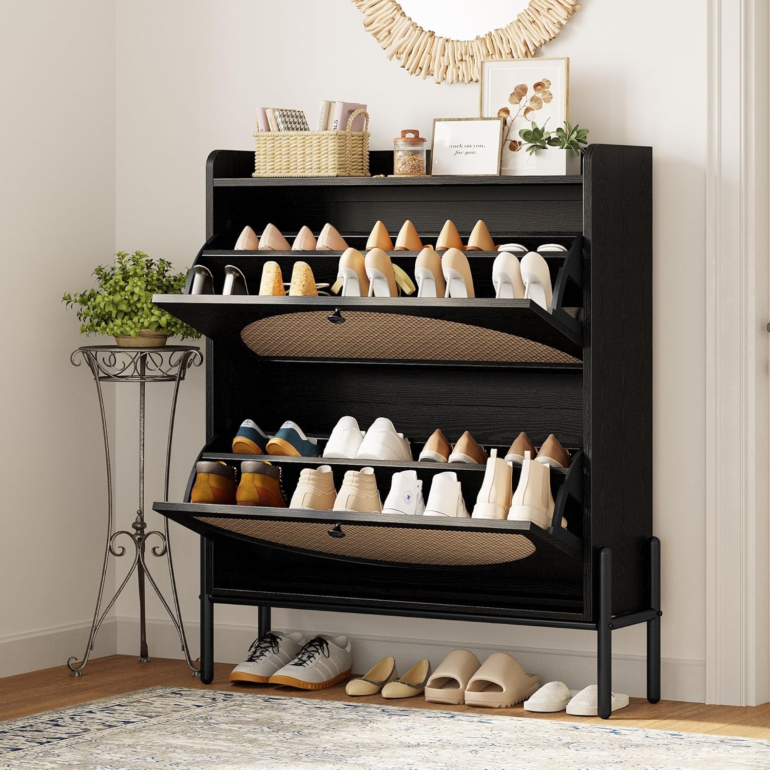 Slim Rattan Dual-Drawer Shoe Cabinet