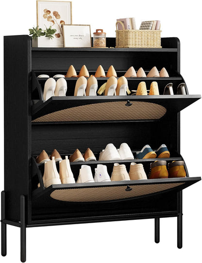 Slim Rattan Dual-Drawer Shoe Cabinet