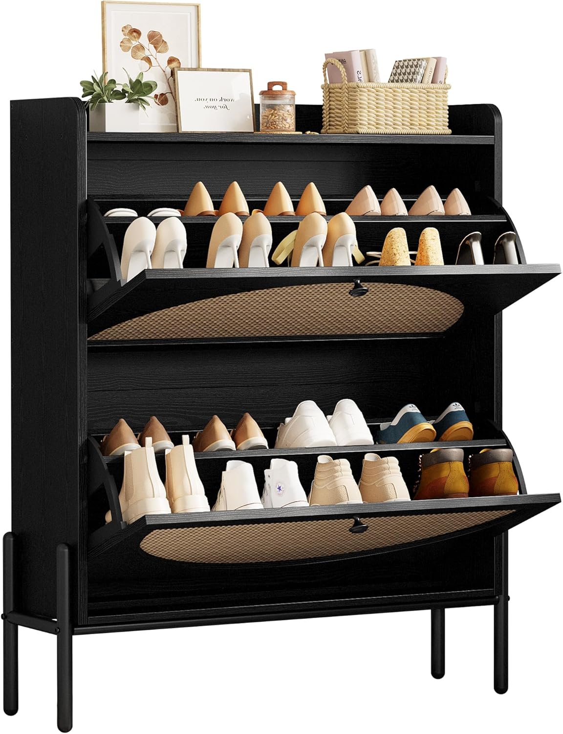 Slim Rattan Dual-Drawer Shoe Cabinet