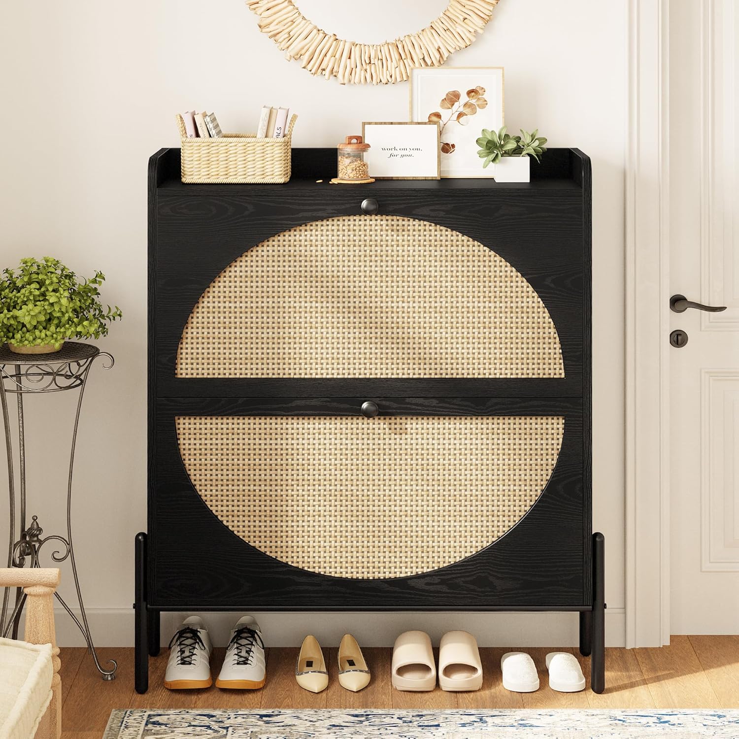 Slim Rattan Dual-Drawer Shoe Cabinet