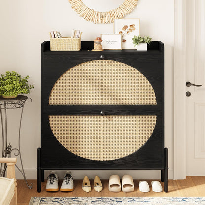 Slim Rattan Dual-Drawer Shoe Cabinet